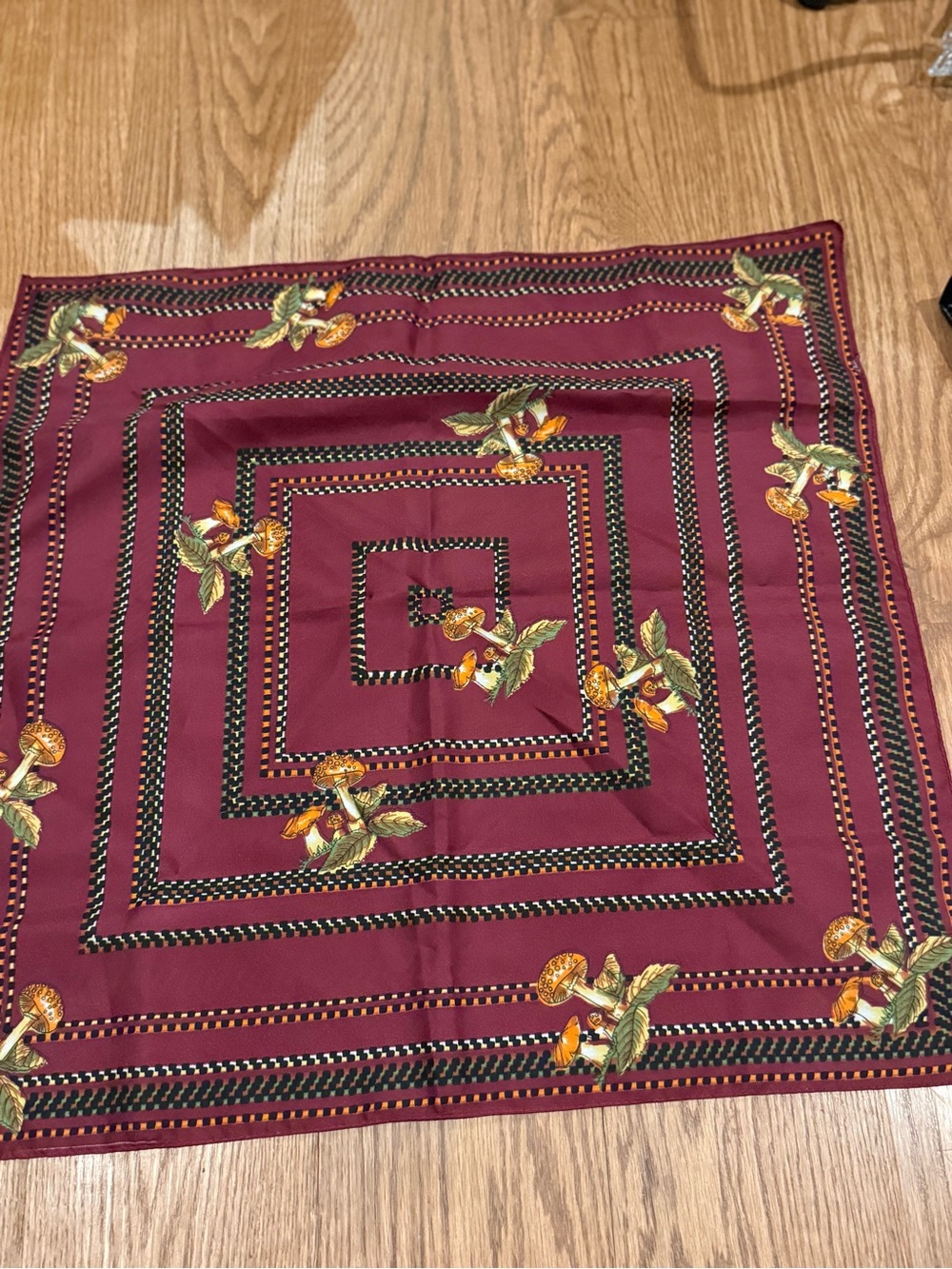 Vintage burgundy square scarf with mushrooms